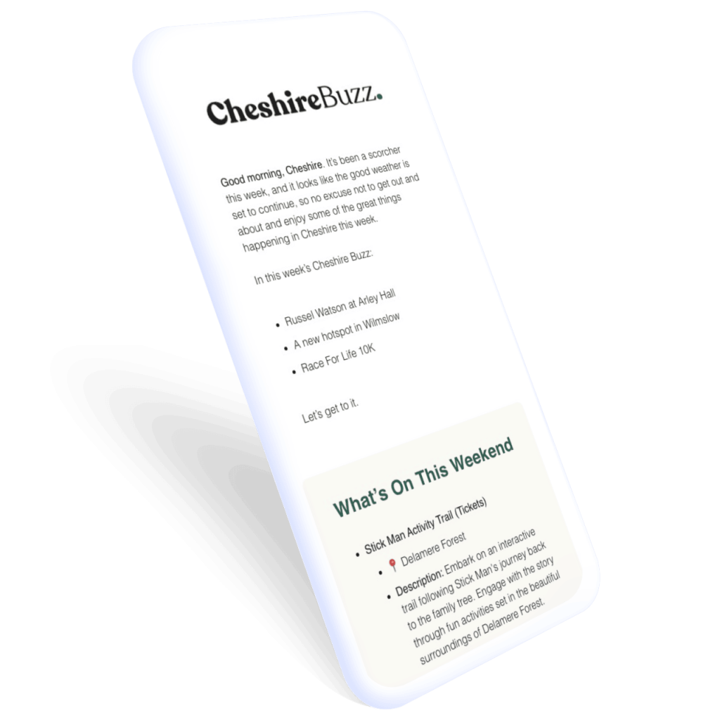 A preview of the Cheshire Buzz newsletter on a phone